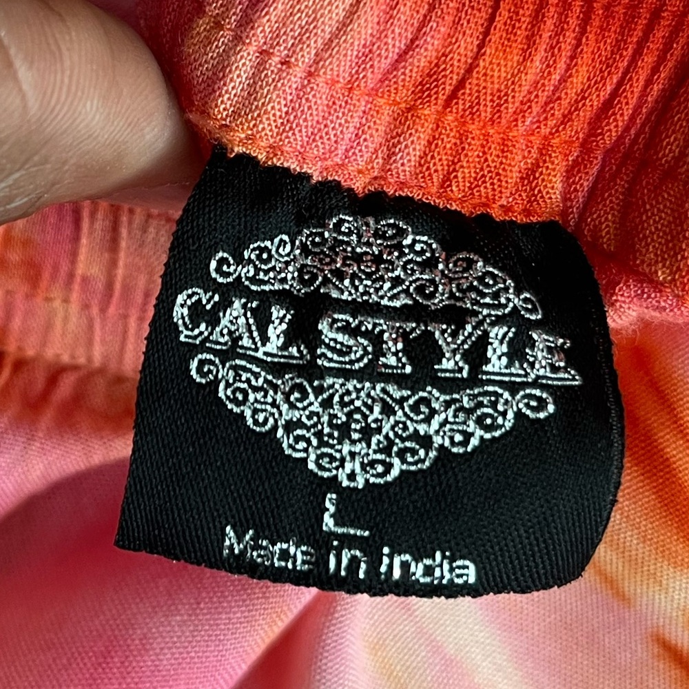 CAL STYLE || WIDE LEG W/DRAWSTRING || ORANGE HOT PINK YELLOW TYE DYE || SIZE: L - Picture 6 of 8